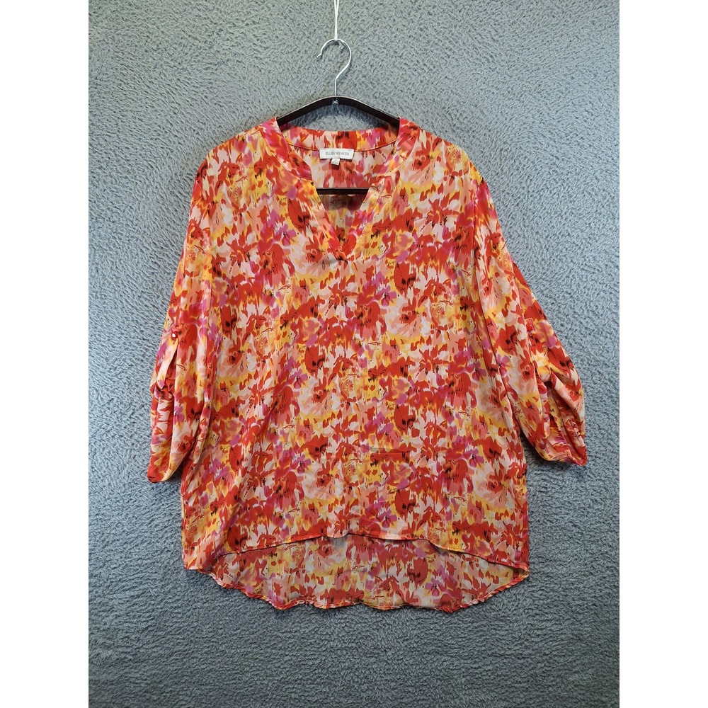 Ellen Weaver Blouse Womens 1X Orange Floral‎ V-Neck Roll Tab Sleeve Boho Top